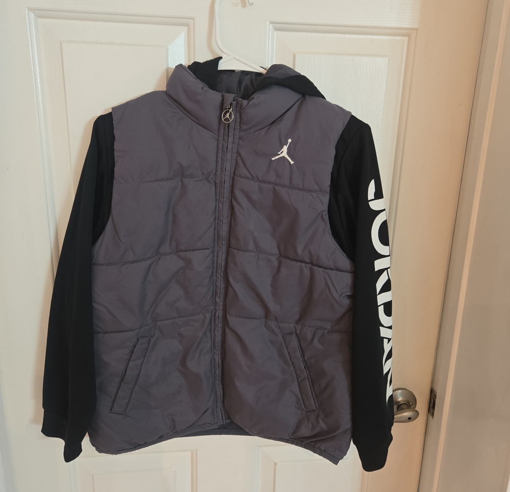 Jordan Gray Puffer Vest Jacket with Black Hoodie Sleeves